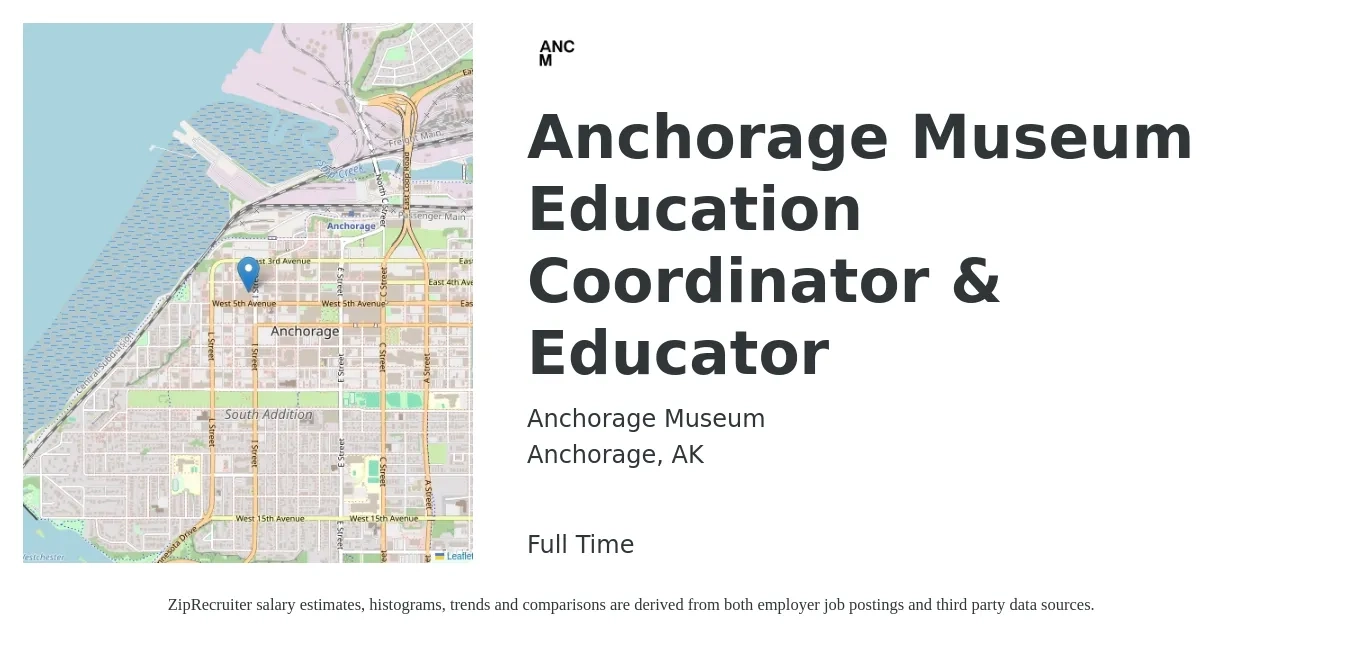 Anchorage Museum job posting for a Anchorage Museum Education Coordinator & Educator in Anchorage, AK with a salary of $41,900 to $64,400 Yearly with a map of Anchorage location.