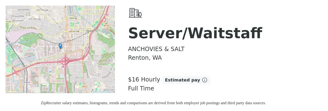 ANCHOVIES & SALT job posting for a Server/Waitstaff in Renton, WA with a salary of $17 Hourly with a map of Renton location.