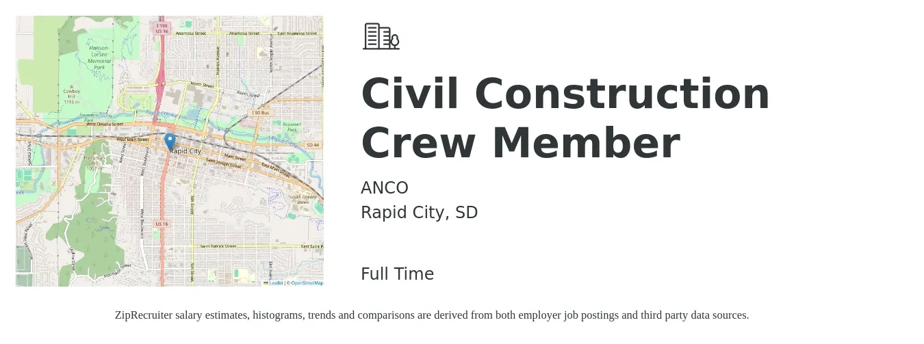 ANCO job posting for a Civil Construction Crew Member in Rapid City, SD with a salary of $16 to $22 Hourly with a map of Rapid City location.