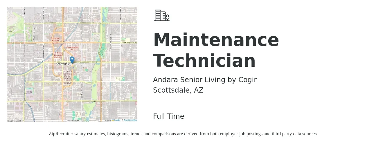 Andara Senior Living by Cogir job posting for a Maintenance Technician in Scottsdale, AZ with a salary of $20 to $27 Hourly with a map of Scottsdale location.