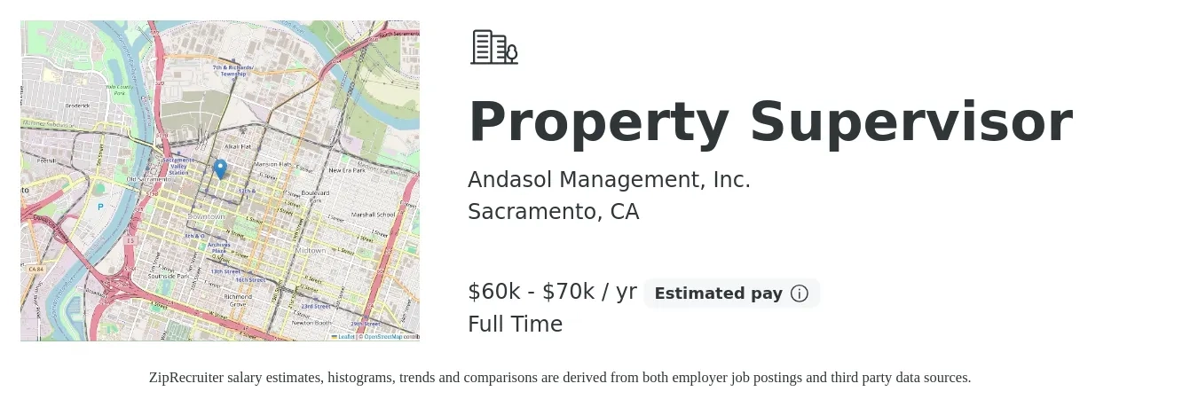 Andasol Management, Inc. job posting for a Property Supervisor in Sacramento, CA with a salary of $60,000 to $70,000 Yearly with a map of Sacramento location.
