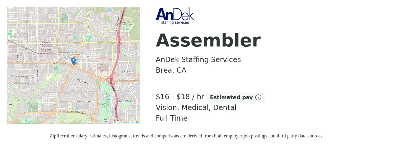 AnDek Staffing Services job posting for a Assembler in Brea, CA with a salary of $17 to $19 Hourly and benefits including dental, life_insurance, medical, pto, and vision with a map of Brea location.