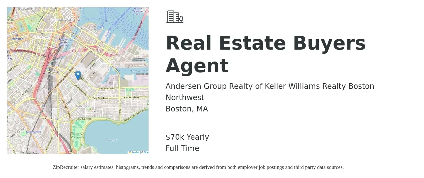 Andersen Group Realty of Keller Williams Realty Boston Northwest job posting for a Real Estate Buyers Agent in Boston, MA with a salary of $100,000 Yearly with a map of Boston location.
