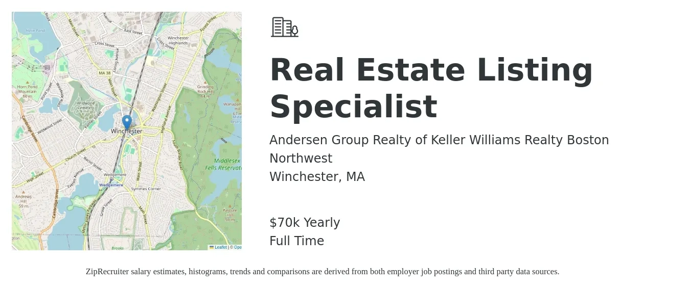 Andersen Group Realty of Keller Williams Realty Boston Northwest job posting for a Real Estate Listing Specialist in Winchester, MA with a salary of $70,000 Yearly with a map of Winchester location.