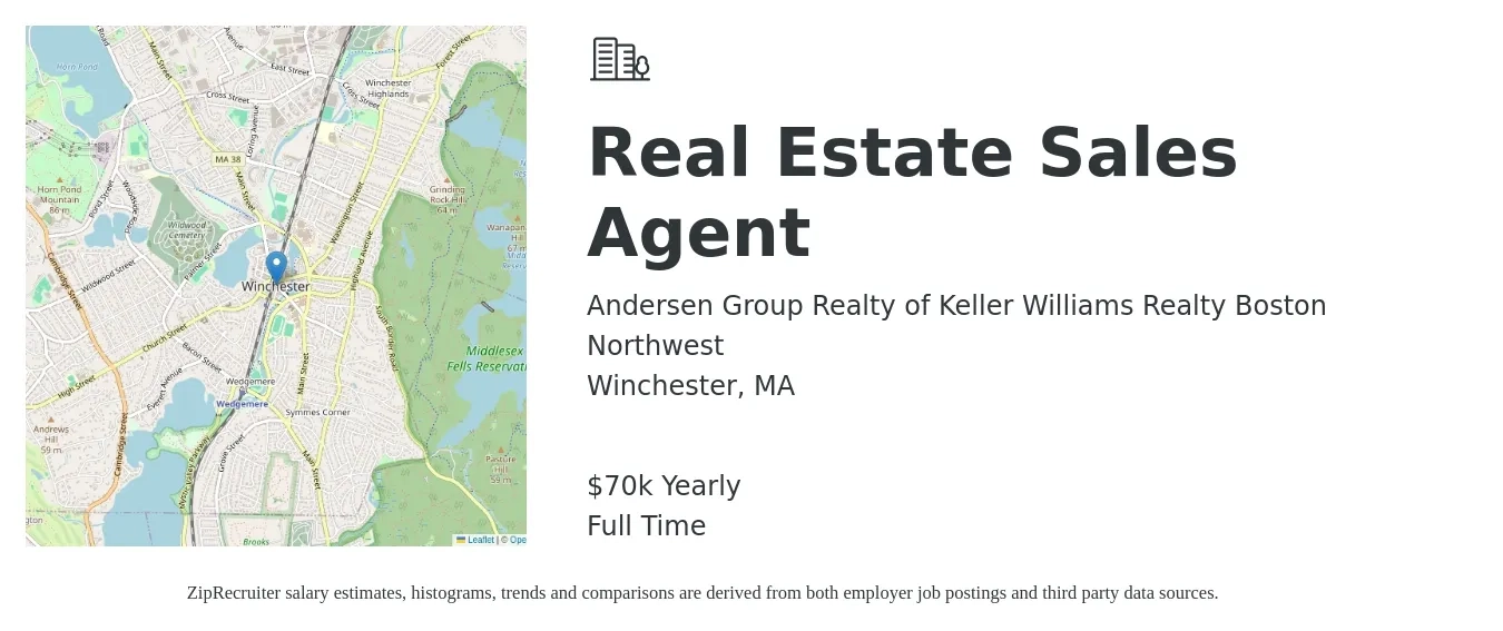 Andersen Group Realty of Keller Williams Realty Boston Northwest job posting for a Real Estate Sales Agent in Winchester, MA with a salary of $100,000 Yearly with a map of Winchester location.
