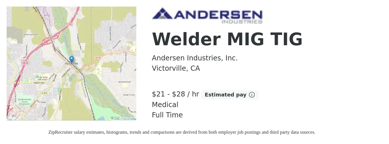 Andersen Industries, Inc. job posting for a Welder MIG TIG in Victorville, CA with a salary of $22 to $30 Hourly and benefits including medical, and retirement with a map of Victorville location.