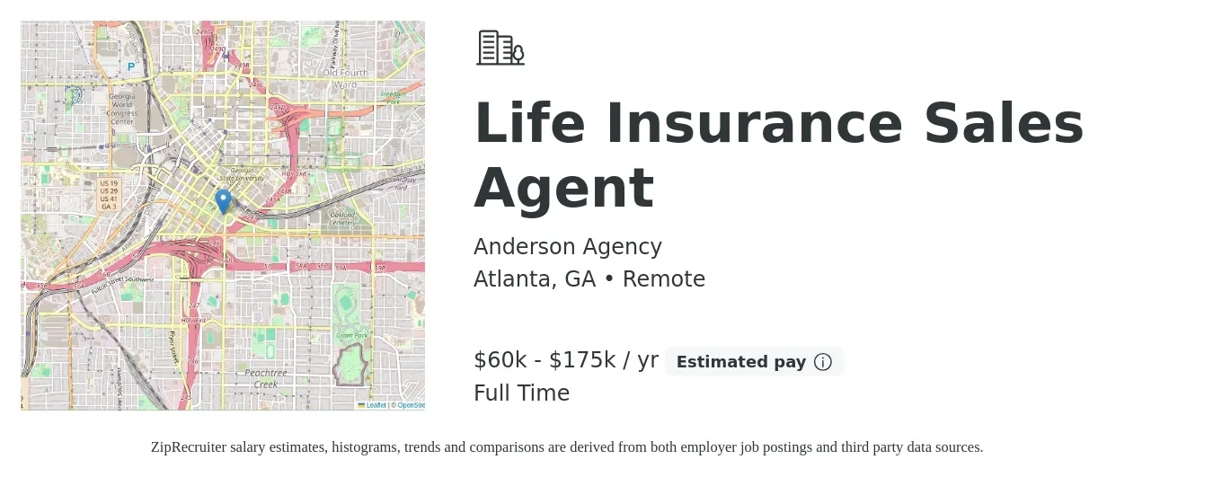 Anderson Agency job posting for a Life Insurance Sales Agent in Atlanta, GA with a salary of $60,000 to $175,000 Yearly with a map of Atlanta location.