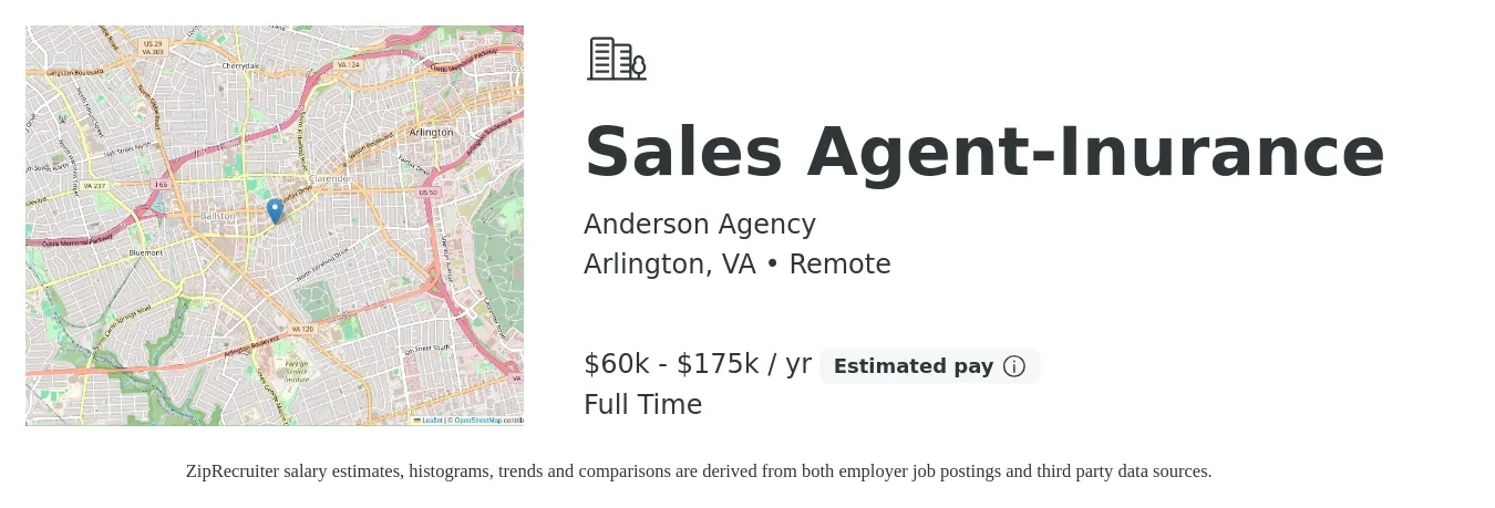Anderson Agency job posting for a Sales Agent-Inurance in Arlington, VA with a salary of $60,000 to $175,000 Yearly with a map of Arlington location.