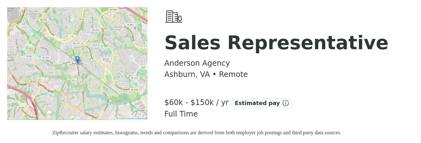 Anderson Agency job posting for a Sales Representative in Ashburn, VA with a salary of $60,000 to $150,000 Yearly with a map of Ashburn location.