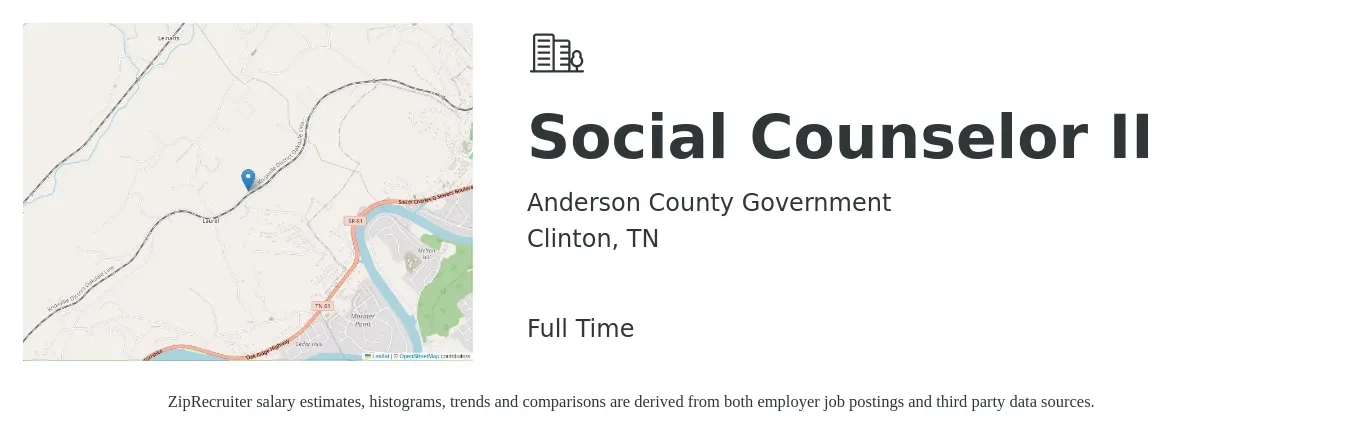 Anderson County Government job posting for a Social Counselor II in Clinton, TN with a salary of $3,542 Monthly with a map of Clinton location.