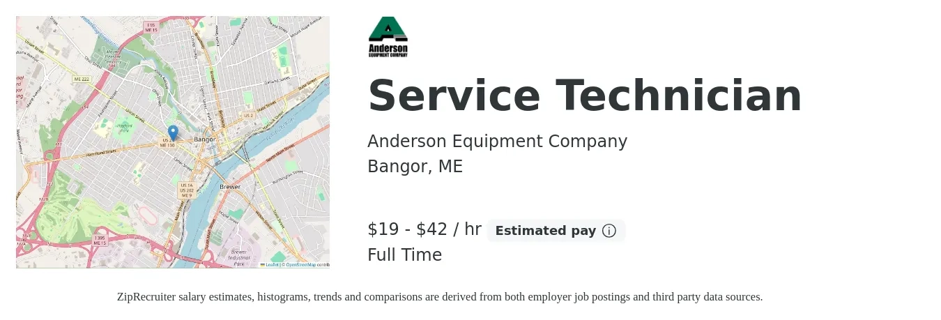 Anderson Equipment Company job posting for a Service Technician in Bangor, ME with a salary of $20 to $44 Hourly with a map of Bangor location.