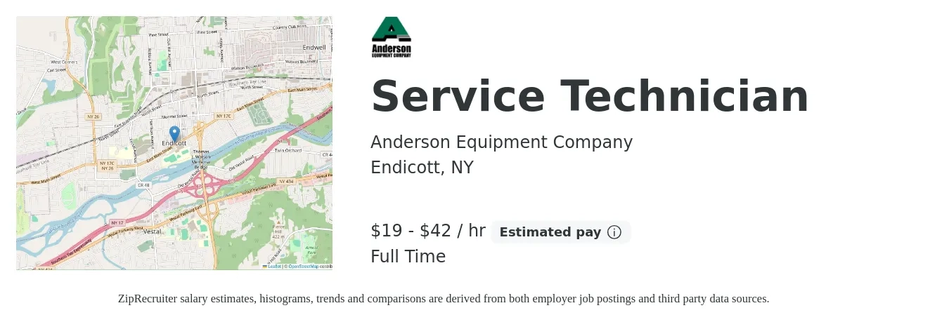 Anderson Equipment Company job posting for a Service Technician in Endicott, NY with a salary of $20 to $44 Hourly with a map of Endicott location.
