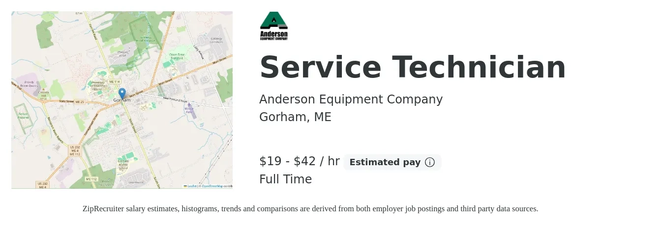 Anderson Equipment Company job posting for a Service Technician in Gorham, ME with a salary of $20 to $44 Hourly with a map of Gorham location.