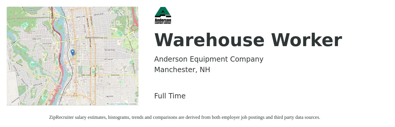 Anderson Equipment Company job posting for a Warehouse Worker in Manchester, NH with a salary of $16 to $19 Hourly with a map of Manchester location.