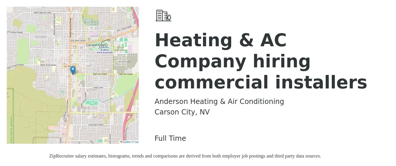 Anderson Heating & Air Conditioning job posting for a Heating & AC Company hiring commercial installers in Carson City, NV with a salary of $19 to $28 Hourly with a map of Carson City location.