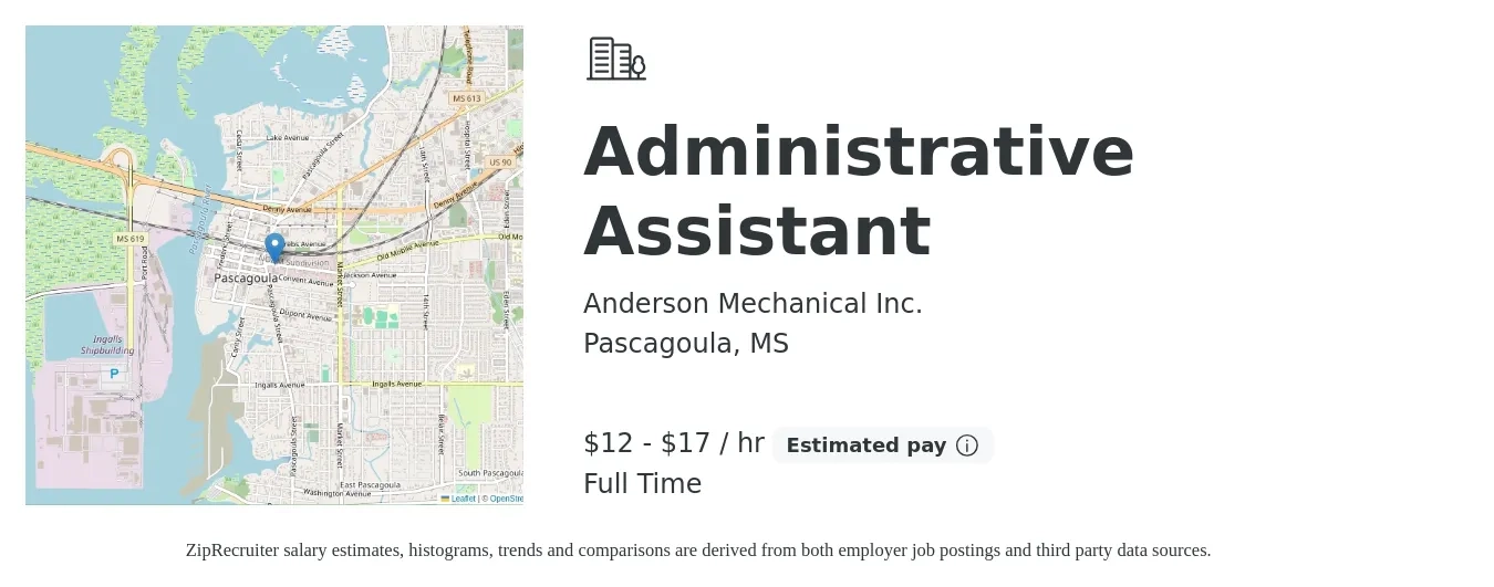 Anderson Mechanical Inc. job posting for a Administrative Assistant in Pascagoula, MS with a salary of $13 to $18 Hourly with a map of Pascagoula location.