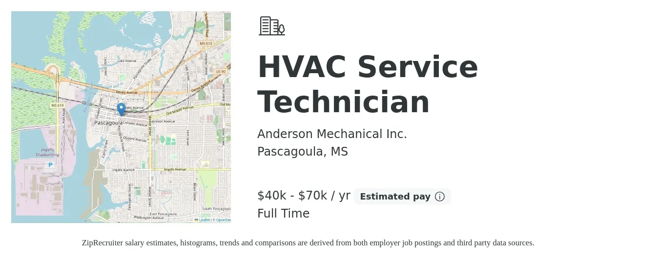 Anderson Mechanical Inc. job posting for a HVAC Service Technician in Pascagoula, MS with a salary of $40,000 to $70,000 Yearly with a map of Pascagoula location.