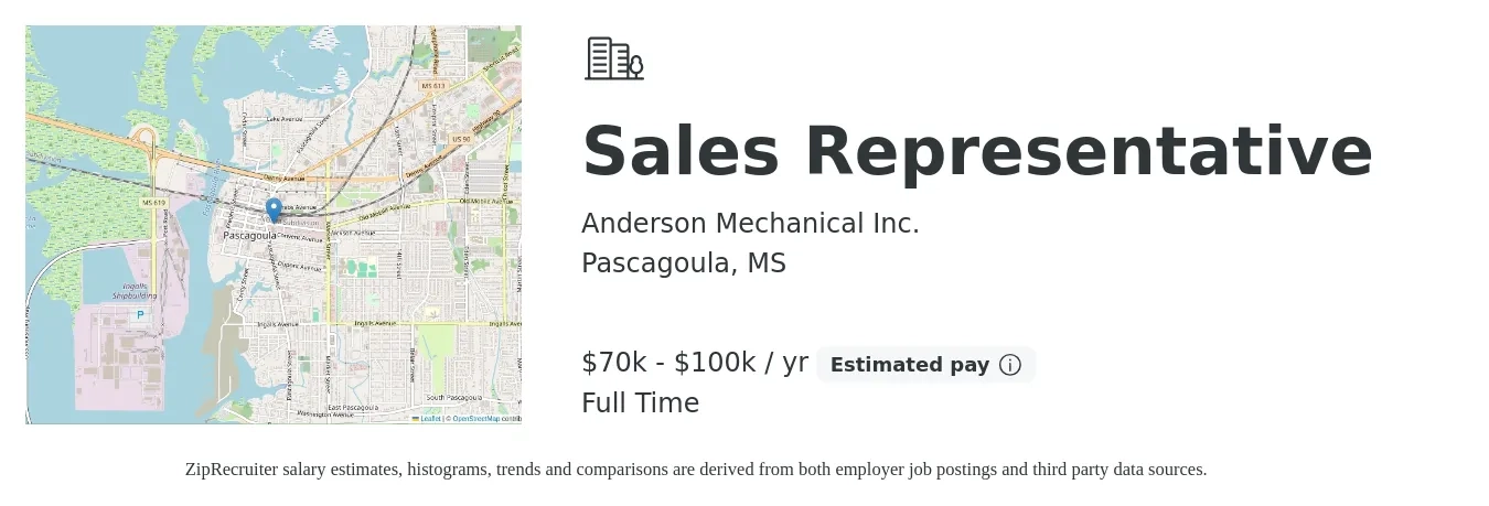 Anderson Mechanical Inc. job posting for a Sales Representative in Pascagoula, MS with a salary of $70,000 to $100,000 Yearly with a map of Pascagoula location.