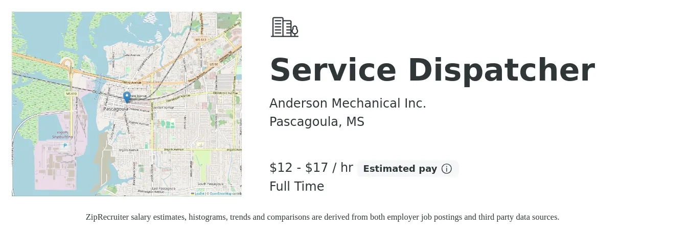 Anderson Mechanical Inc. job posting for a Service Dispatcher in Pascagoula, MS with a salary of $13 to $18 Hourly with a map of Pascagoula location.
