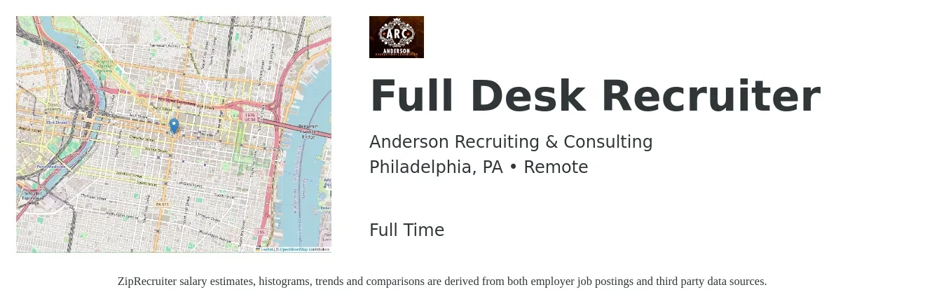 Anderson Recruiting & Consulting job posting for a Full Desk Recruiter in Philadelphia, PA with a salary of $21 to $34 Hourly with a map of Philadelphia location.
