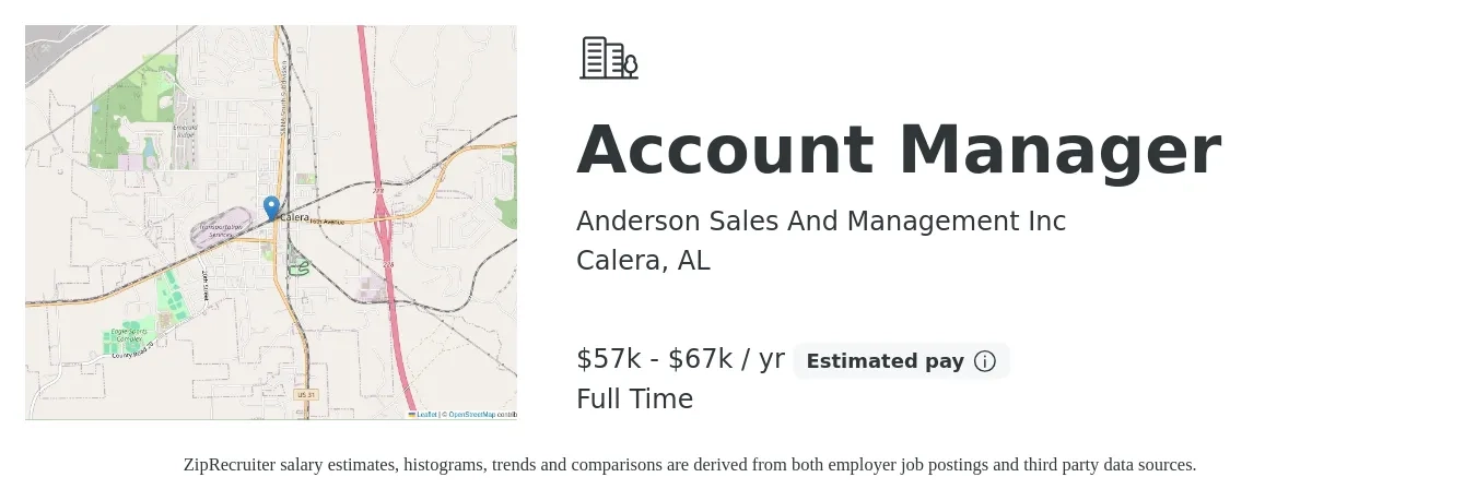 Anderson Sales And Management Inc job posting for a Account Manager in Calera, AL with a salary of $57,000 to $67,000 Yearly with a map of Calera location.
