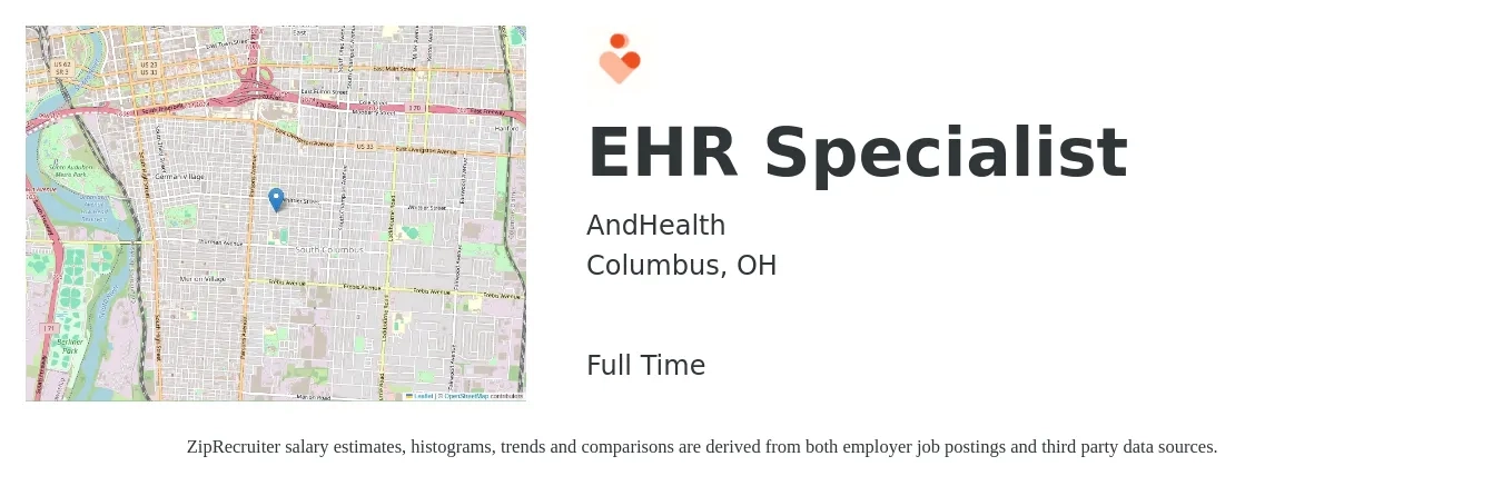 AndHealth job posting for a EHR Specialist in Columbus, OH with a salary of $37,700 to $58,400 Yearly with a map of Columbus location.