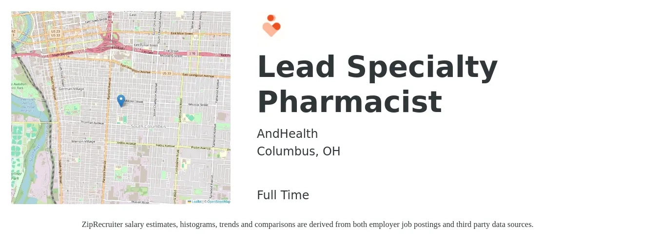 AndHealth job posting for a Lead Specialty Pharmacist in Columbus, OH with a salary of $56 to $68 Hourly with a map of Columbus location.