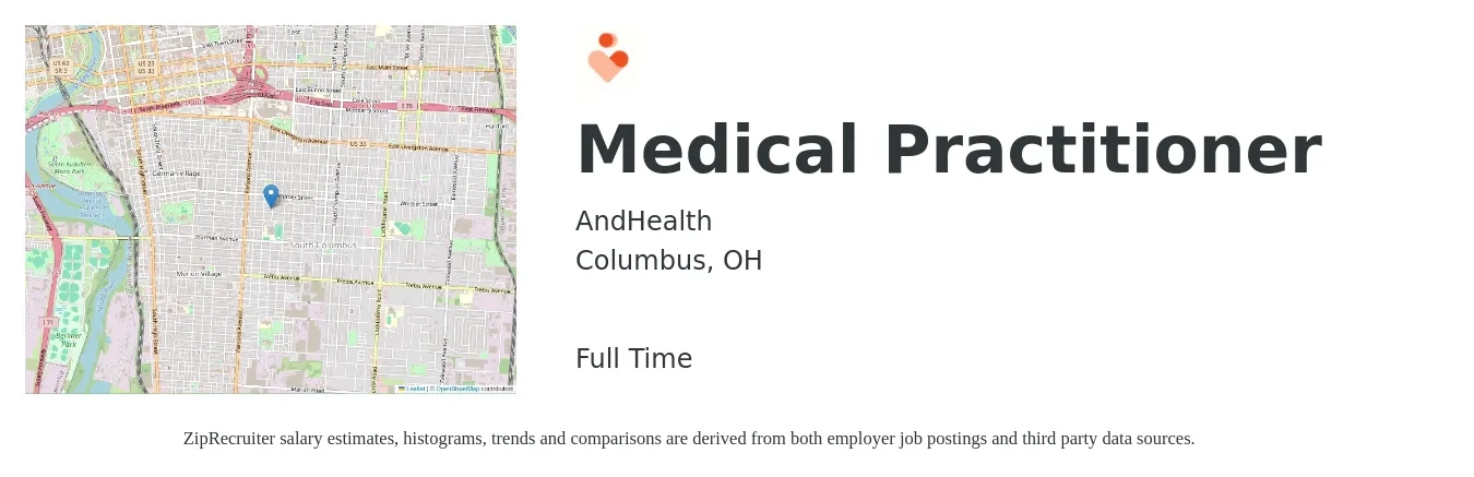 AndHealth job posting for a Medical Practitioner in Columbus, OH with a salary of $99,000 to $135,300 Yearly with a map of Columbus location.