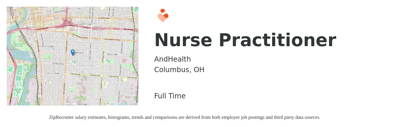 AndHealth job posting for a Nurse Practitioner in Columbus, OH with a salary of $104,300 to $144,900 Yearly with a map of Columbus location.