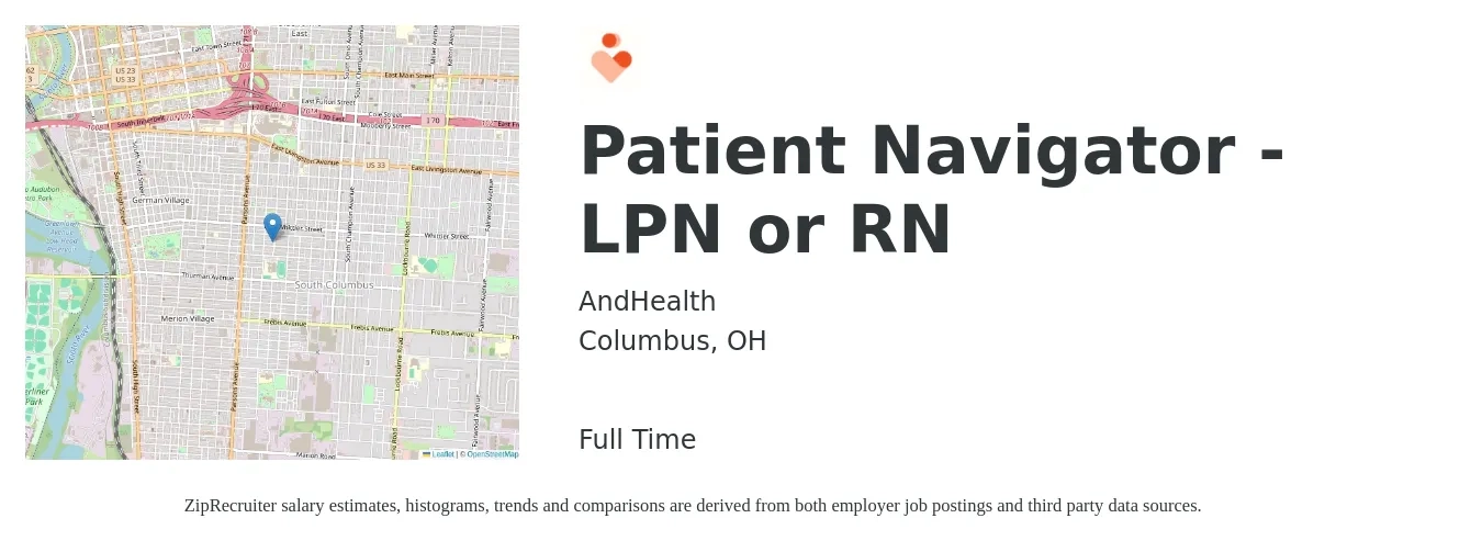 AndHealth job posting for a Patient Navigator - LPN or RN in Columbus, OH with a salary of $25 to $33 Hourly with a map of Columbus location.