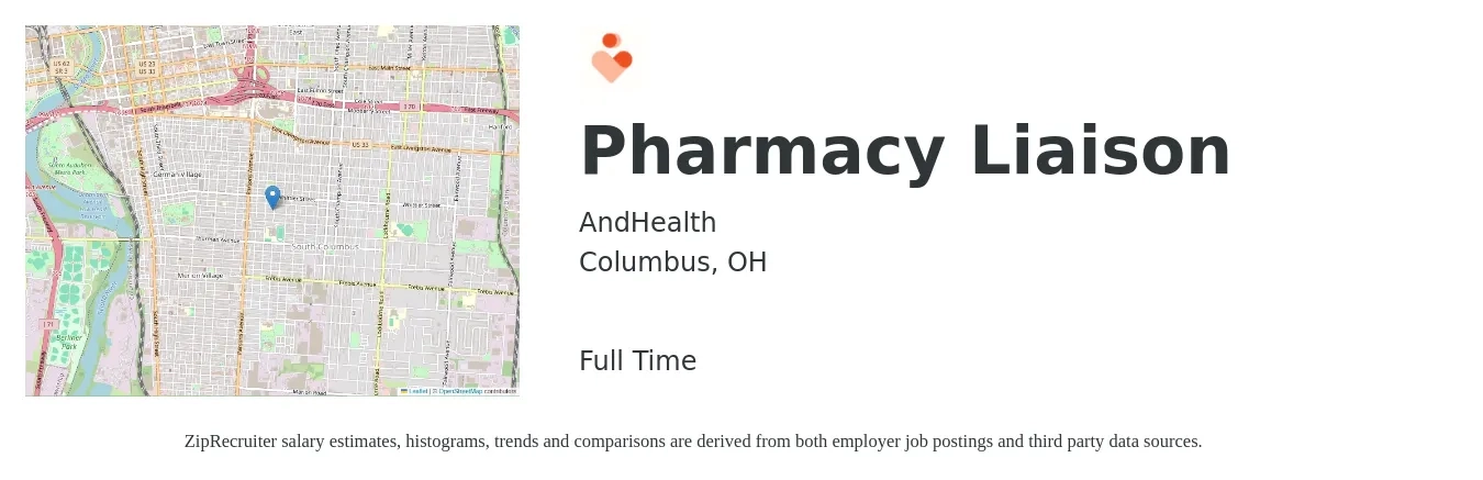 AndHealth job posting for a Pharmacy Liaison in Columbus, OH with a salary of $17 to $20 Hourly with a map of Columbus location.