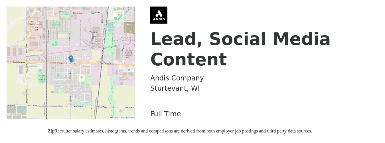 Andis Company job posting for a Lead, Social Media Content in Sturtevant, WI with a salary of $20 to $33 Hourly with a map of Sturtevant location.