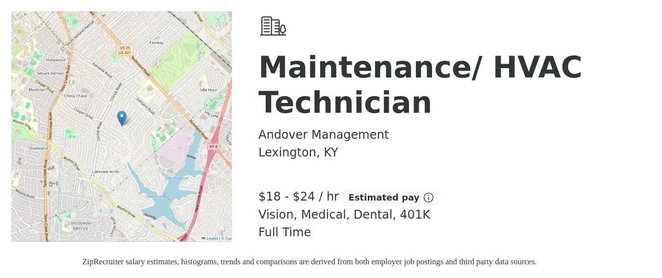Andover Management job posting for a Maintenance/ HVAC Technician in Lexington, KY with a salary of $19 to $25 Hourly (plus commission) and benefits including life_insurance, medical, vision, 401k, and dental with a map of Lexington location.