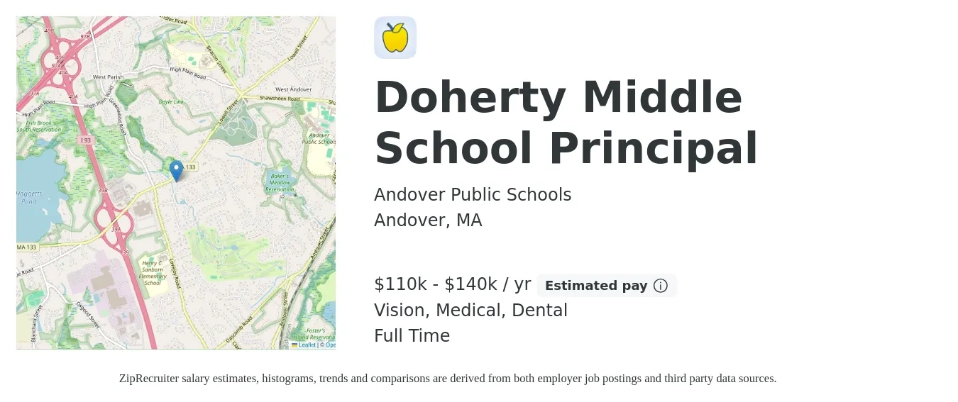 Andover Public Schools job posting for a Doherty Middle School Principal in Andover, MA with a salary of $110,000 to $140,000 Yearly and benefits including medical, retirement, vision, dental, and life_insurance with a map of Andover location.