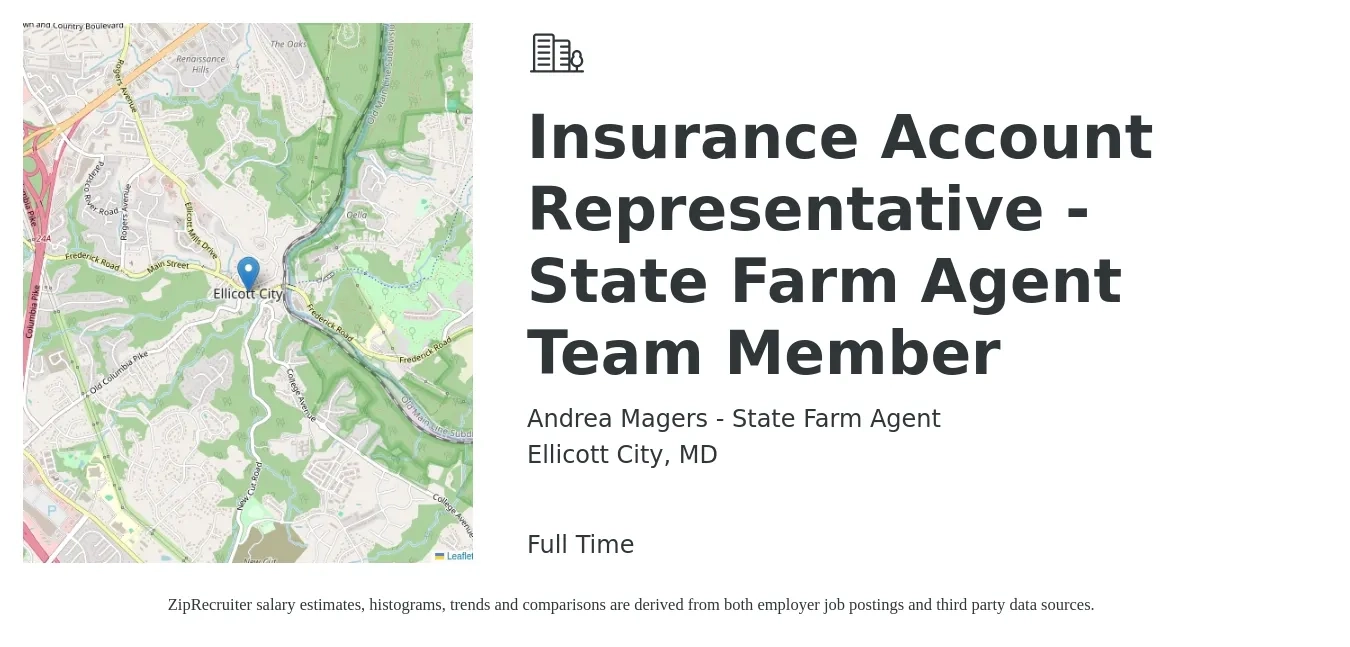 Andrea Magers - State Farm Agent job posting for a Insurance Account Representative - State Farm Agent Team Member in Ellicott City, MD with a salary of $39,900 to $54,800 Yearly with a map of Ellicott City location.
