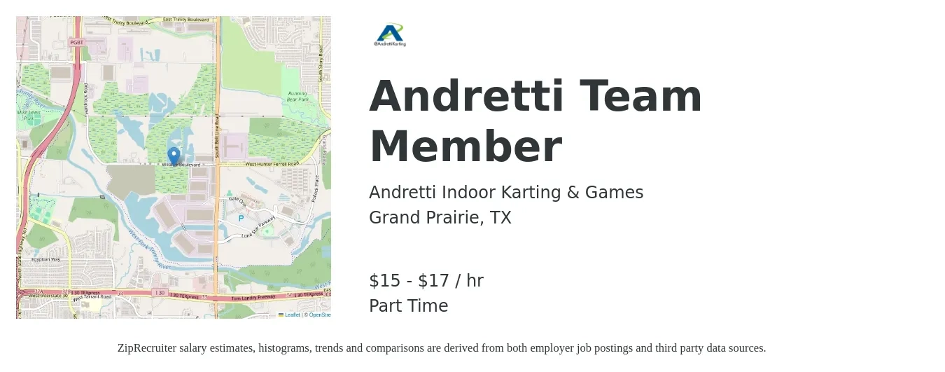 Andretti Indoor Karting & Games job posting for a Andretti Team Member in Grand Prairie, TX with a salary of $16 to $18 Hourly with a map of Grand Prairie location.