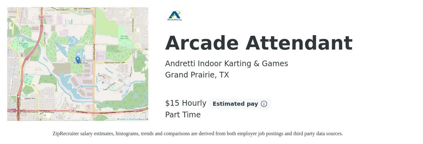 Andretti Indoor Karting & Games job posting for a Arcade Attendant in Grand Prairie, TX with a salary of $16 Hourly with a map of Grand Prairie location.