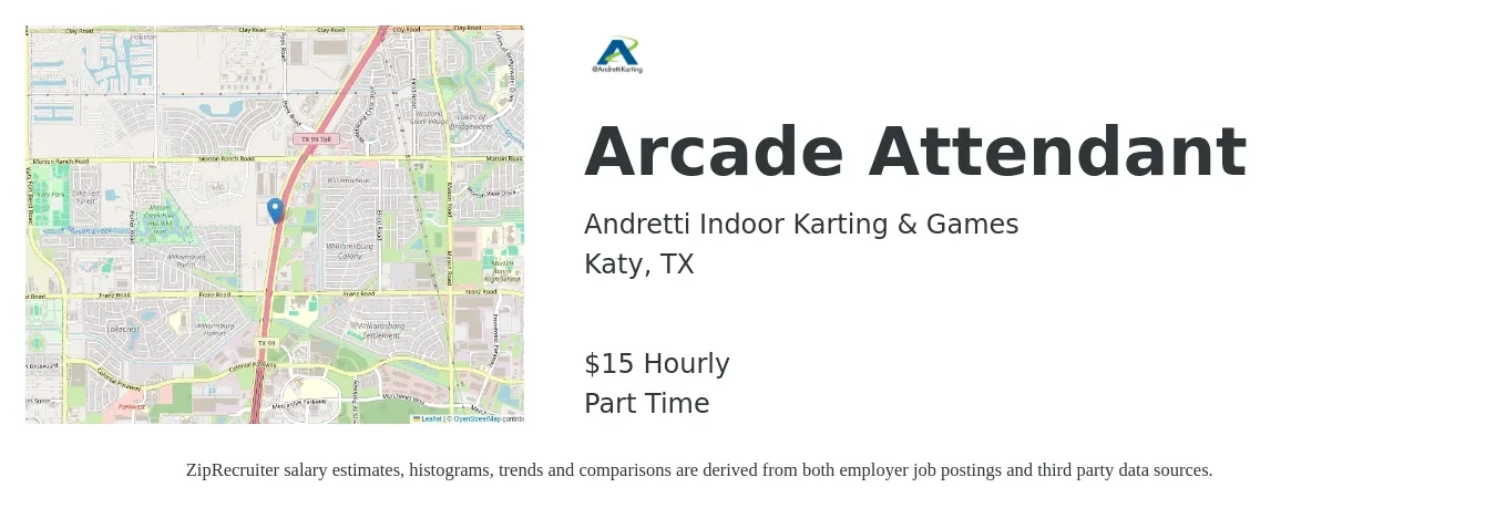Andretti Indoor Karting & Games job posting for a Arcade Attendant in Katy, TX with a salary of $16 Hourly with a map of Katy location.
