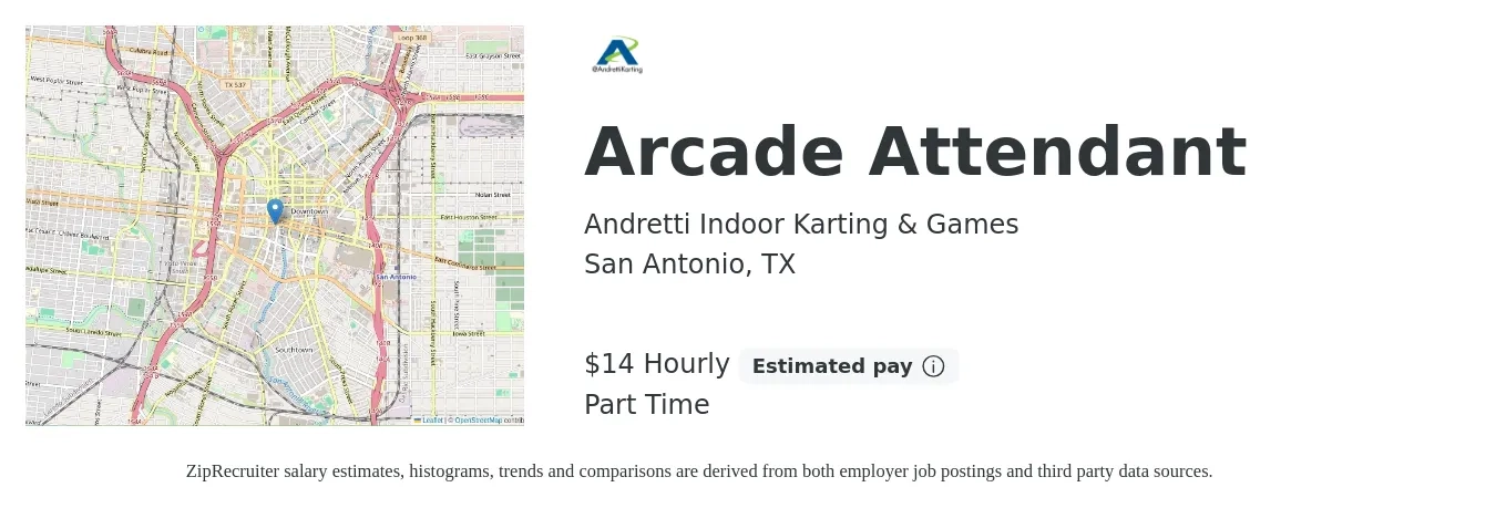 Andretti Indoor Karting & Games job posting for a Arcade Attendant in San Antonio, TX with a salary of $15 Hourly with a map of San Antonio location.