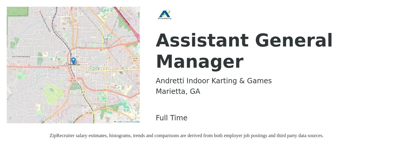 Andretti Indoor Karting & Games job posting for a Assistant General Manager in Marietta, GA with a salary of $15 to $23 Hourly with a map of Marietta location.