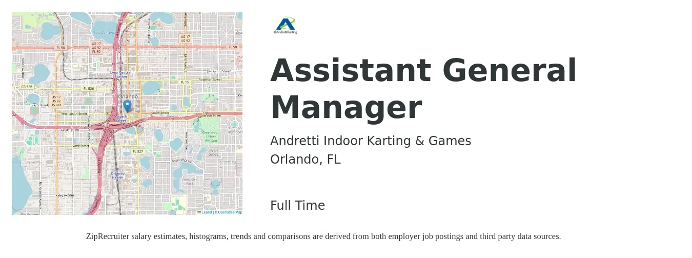 Andretti Indoor Karting & Games job posting for a Assistant General Manager in Orlando, FL with a salary of $15 to $23 Hourly with a map of Orlando location.