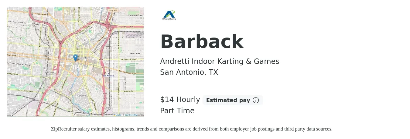 Andretti Indoor Karting & Games job posting for a Barback in San Antonio, TX with a salary of $15 Hourly with a map of San Antonio location.