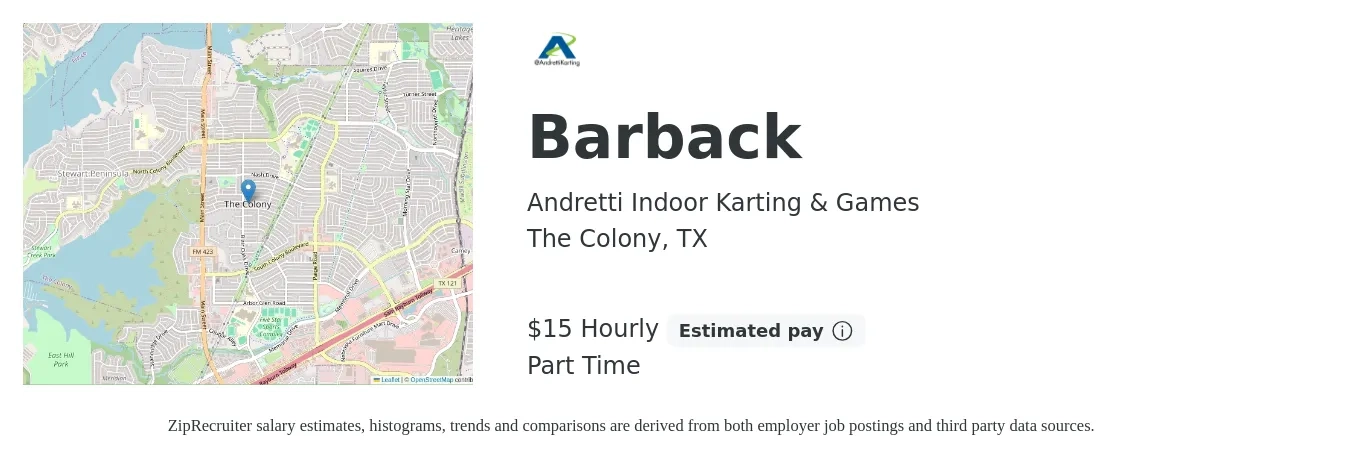 Andretti Indoor Karting & Games job posting for a Barback in The Colony, TX with a salary of $16 Hourly with a map of The Colony location.