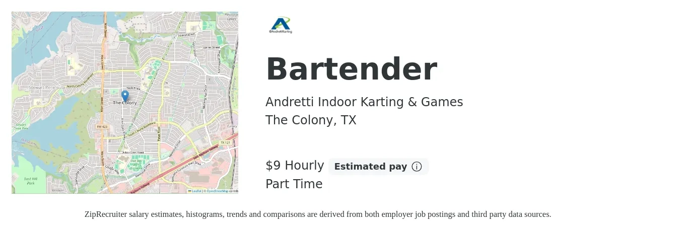 Andretti Indoor Karting & Games job posting for a Bartender in The Colony, TX with a salary of $10 Hourly with a map of The Colony location.