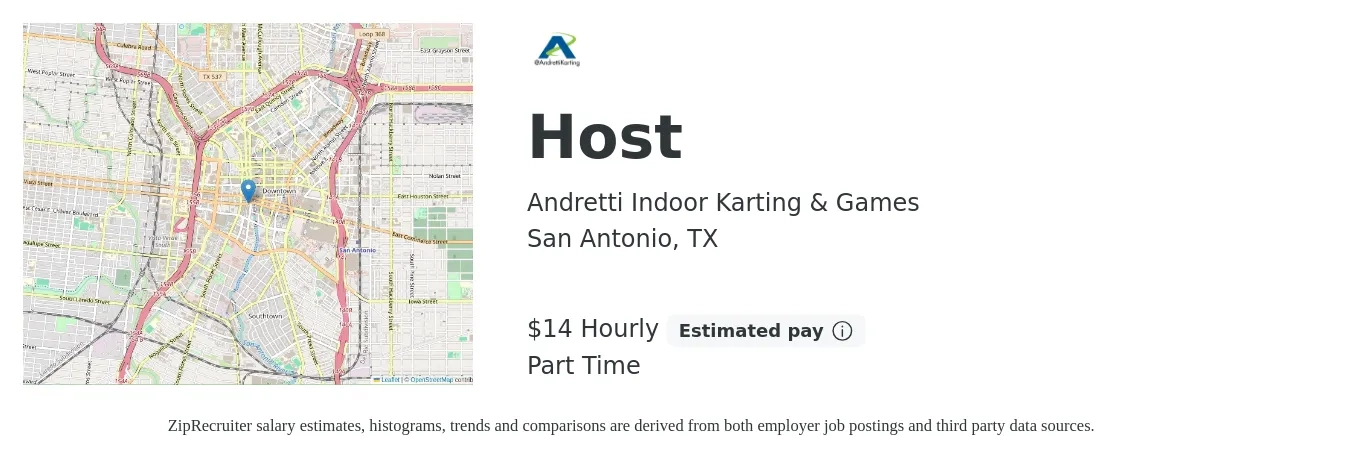 Andretti Indoor Karting & Games job posting for a Host in San Antonio, TX with a salary of $15 Hourly with a map of San Antonio location.