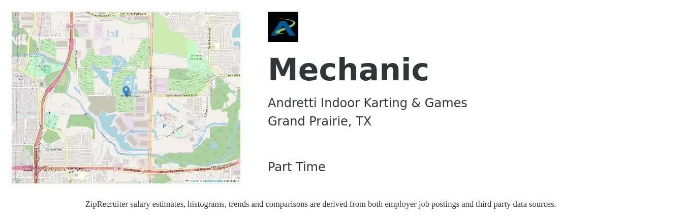 Andretti Indoor Karting & Games job posting for a Mechanic in Grand Prairie, TX with a salary of $18 to $26 Hourly with a map of Grand Prairie location.