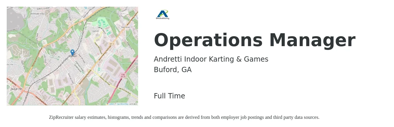 Andretti Indoor Karting & Games job posting for a Operations Manager in Buford, GA with a salary of $36,600 to $69,100 Yearly with a map of Buford location.