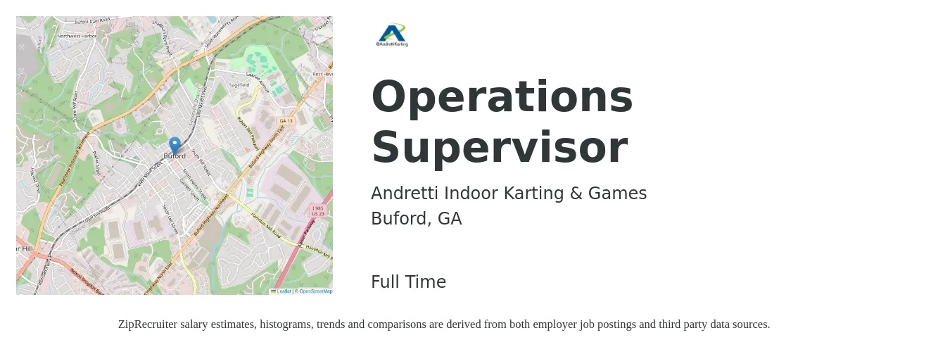 Andretti Indoor Karting & Games job posting for a Operations Supervisor in Buford, GA with a salary of $25,000 Monthly with a map of Buford location.