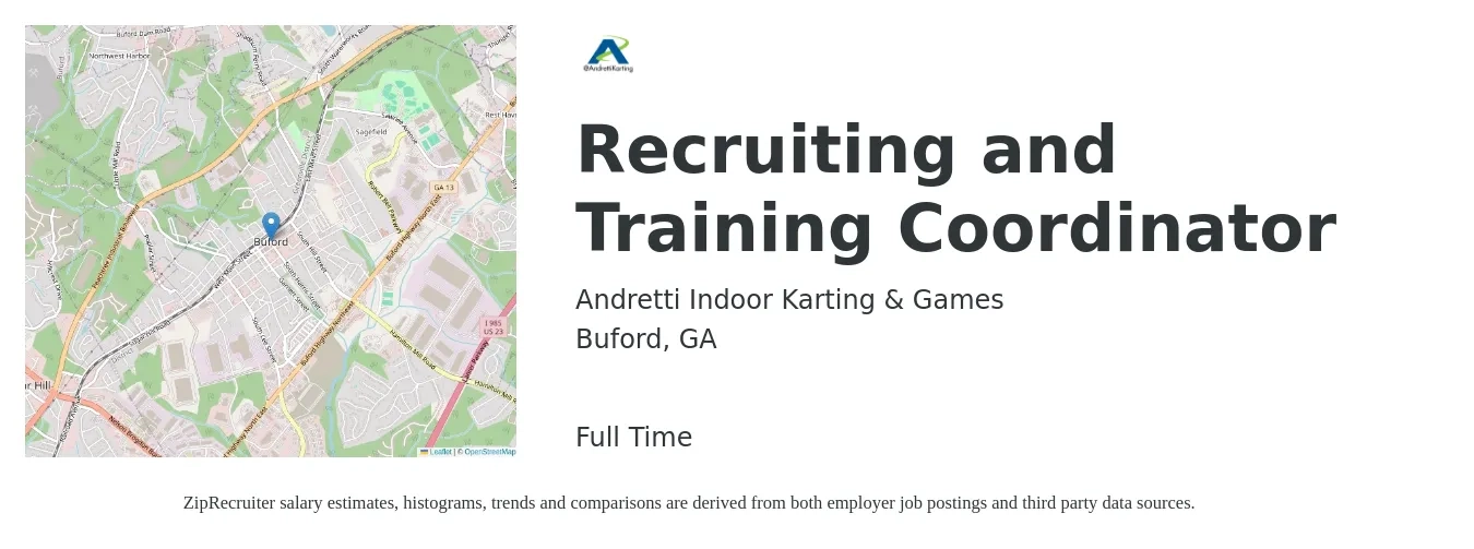 Andretti Indoor Karting & Games job posting for a Recruiting and Training Coordinator in Buford, GA with a salary of $18 to $24 Hourly with a map of Buford location.