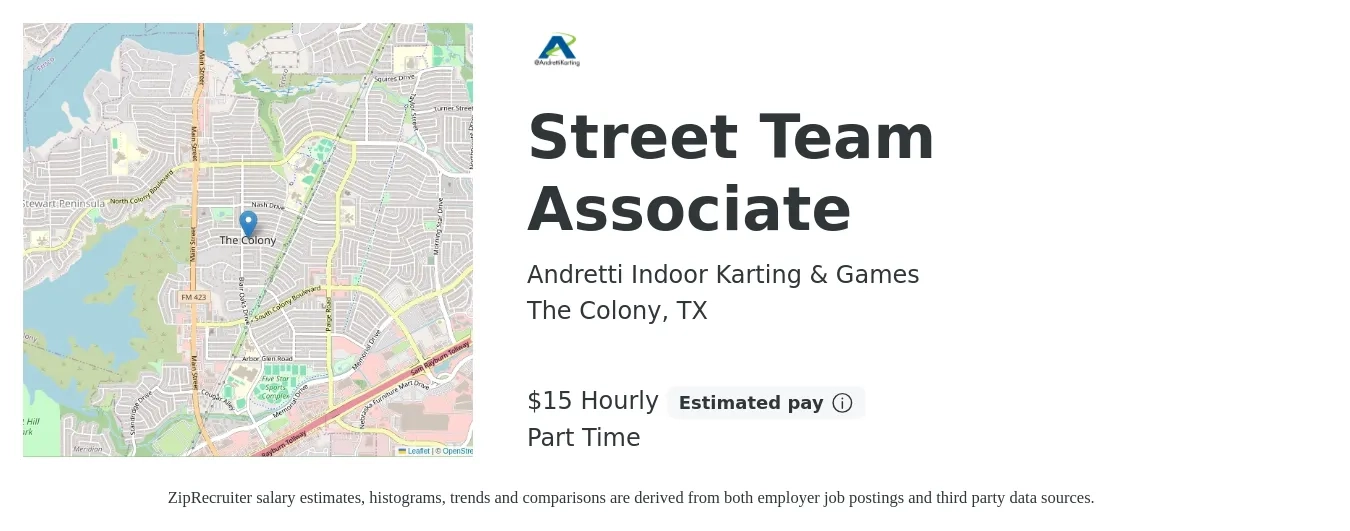 Andretti Indoor Karting & Games job posting for a Street Team Associate in The Colony, TX with a salary of $16 Hourly with a map of The Colony location.